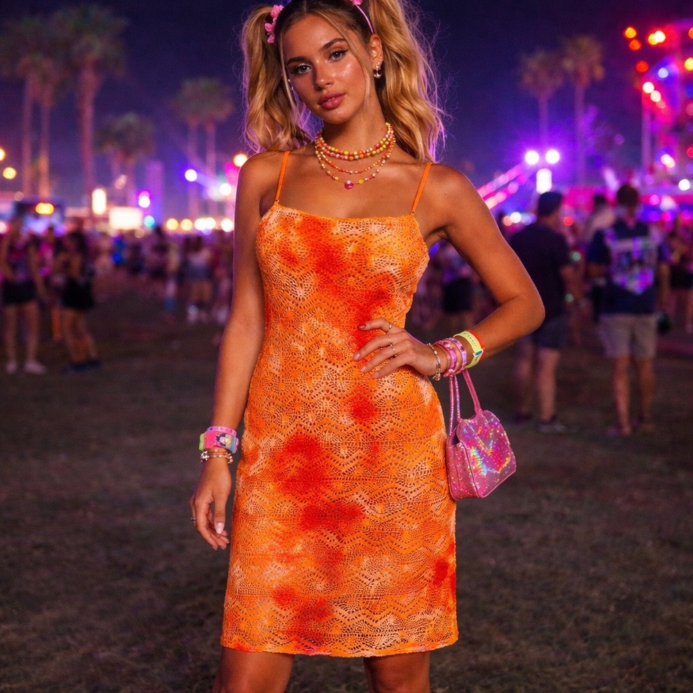 Vintage Y2K‎ Jodi Kristopher Orange Crochet Slip Dress Tie Dye Made USA